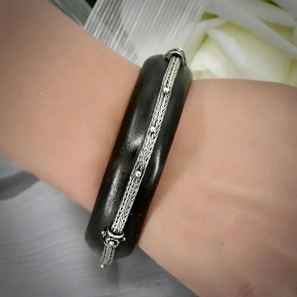 Vintage Sterling Silver Ebony Wood Bangle Bracelet Size 8 Slip On